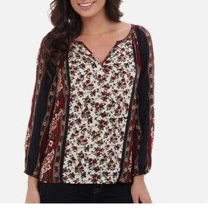 Lucky Brand Floral Scarf V-Neck Blouse-Small-Elastic Cuffs-Lightweight-Boho